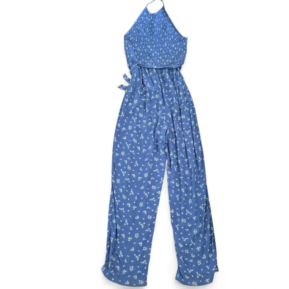 American Eagle Women’s Blue Floral Smocked Halter Jumpsuit with Pockets – Size M - Picture 3 of 7